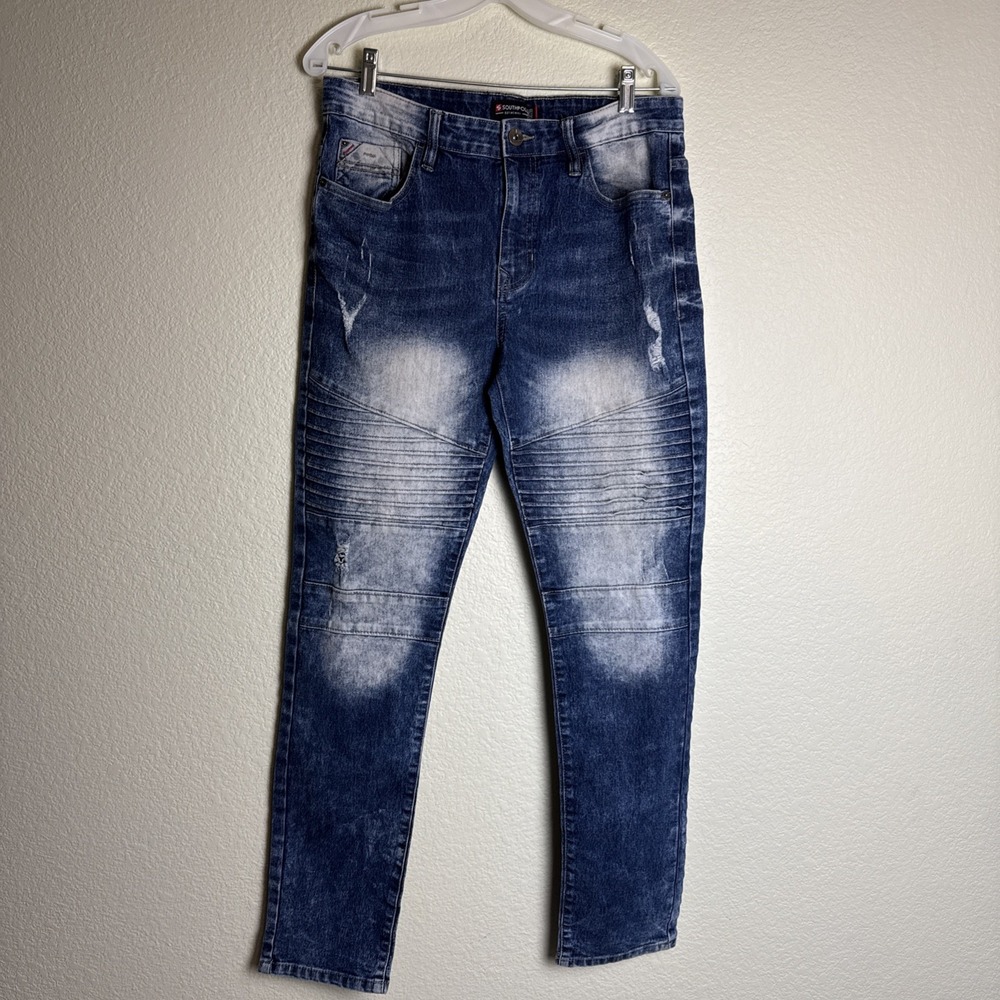 Southpole Men's Jeans Skinny 34x32 Distressed Blue Denim‎ Acid Wash Comfort